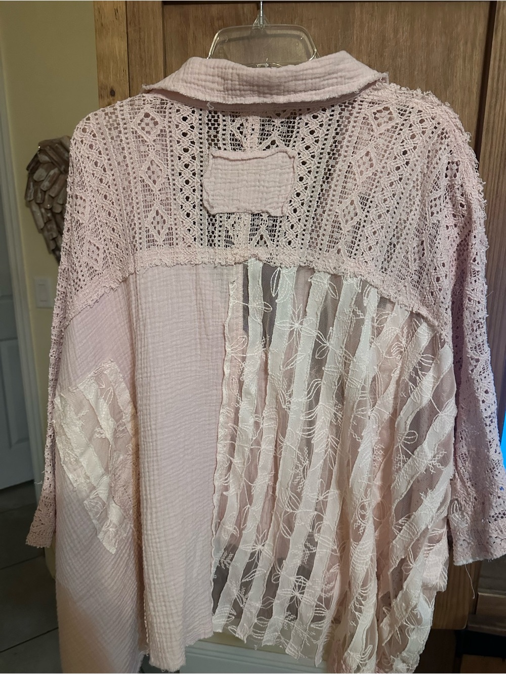 POL Light Pink Boho Lace Patchwork Button-Up Blouse - Picture 2 of 4